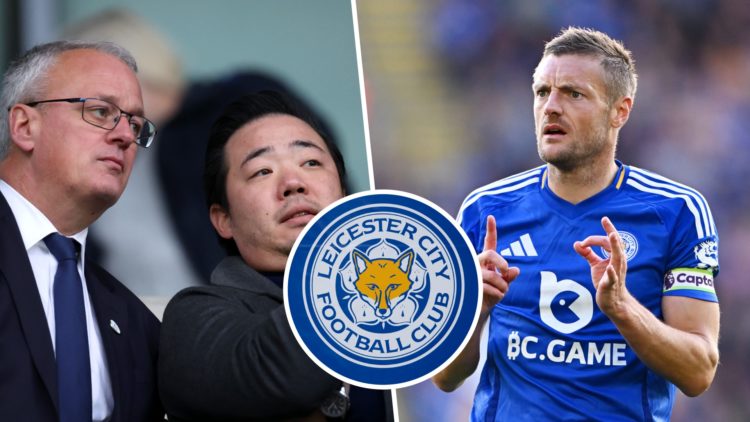 Jon Rudkin speaks with Leicester City chairman Aiyawatt Srivaddhanaprabha, a detailed view of the Leicester City badge, Jamie Vardy gives instructi...