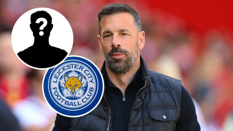 Leicester City manager Ruud Van Nistelrooy on the touchline during the 2024/25 Premier League, and inset, the Leicester City FC badge and a mystery...