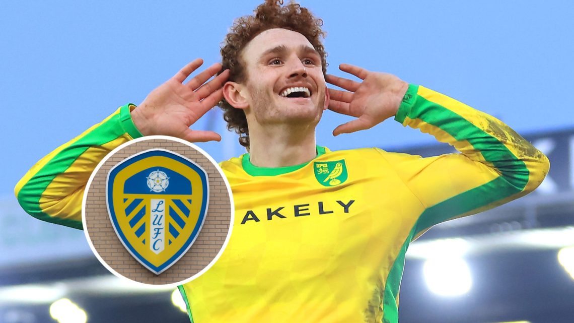 Norwich City forward Josh Sargent celebrates after scoring in the Championship, and inset, the Leeds United badge