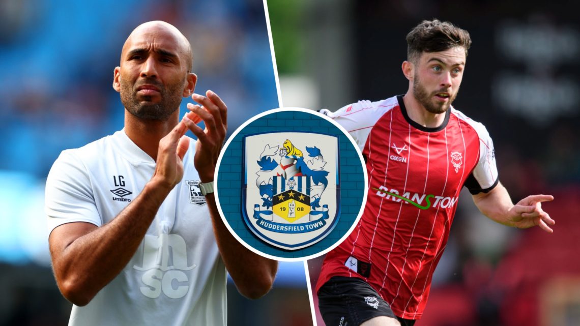 Split image of Lee Grant and Sean Roughan. Inset, Huddersfield Town badge.