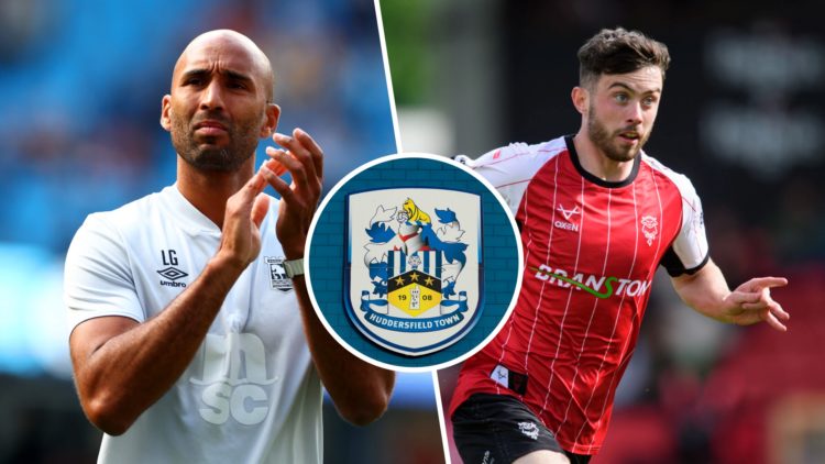 Split image of Lee Grant and Sean Roughan. Inset, Huddersfield Town badge.