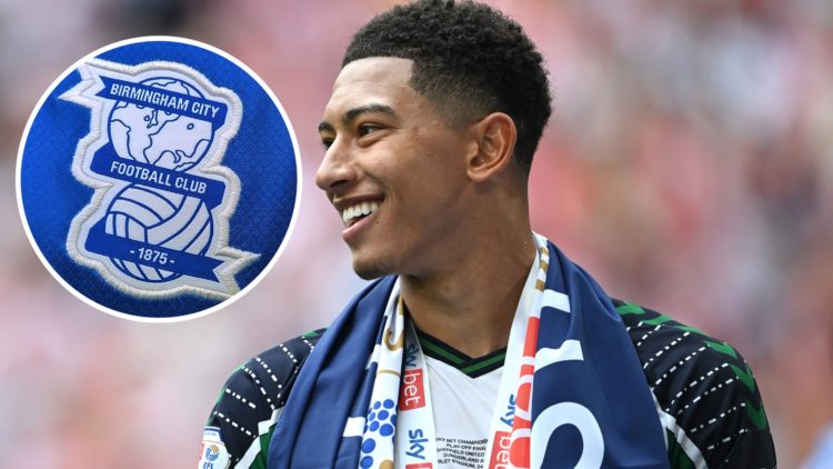 Jobe Bellingham reacts after winning Championship play-off final with Sunderland, and inset, the Birmingham badge