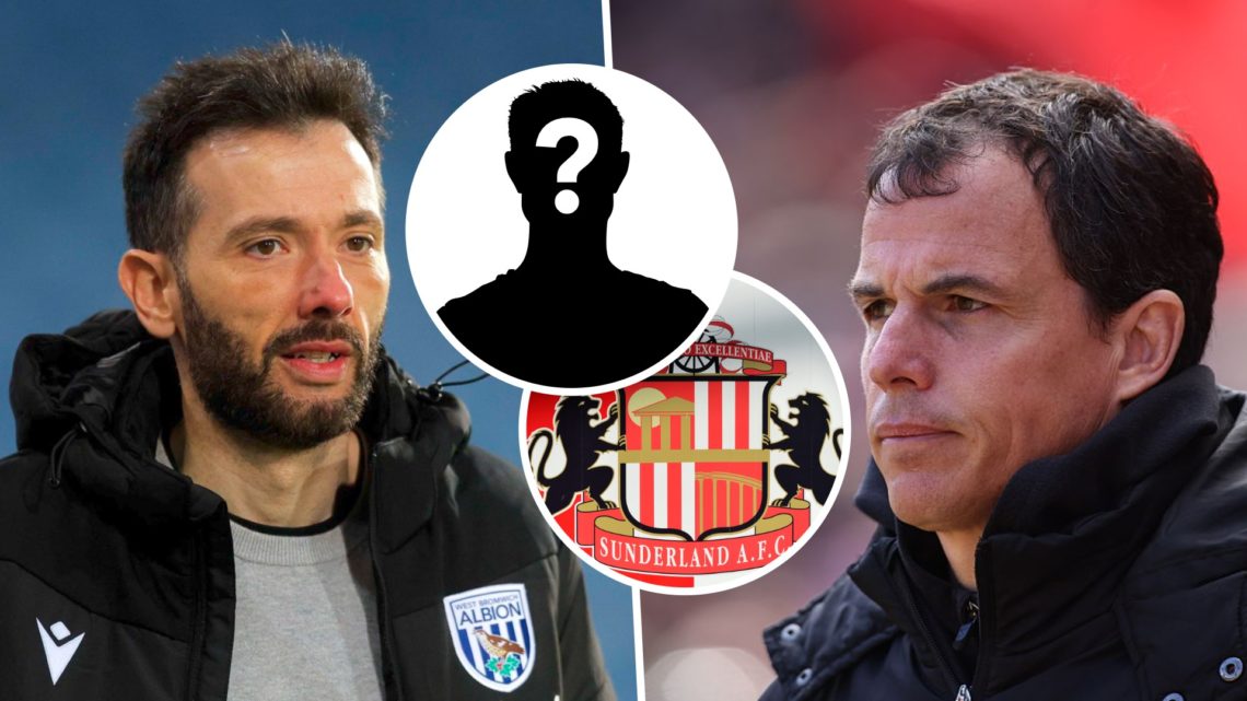 Former West Brom manager Carlos Corberan, Sunderland manager Regis Le Bris, Sunderland AFC badge and mystery player