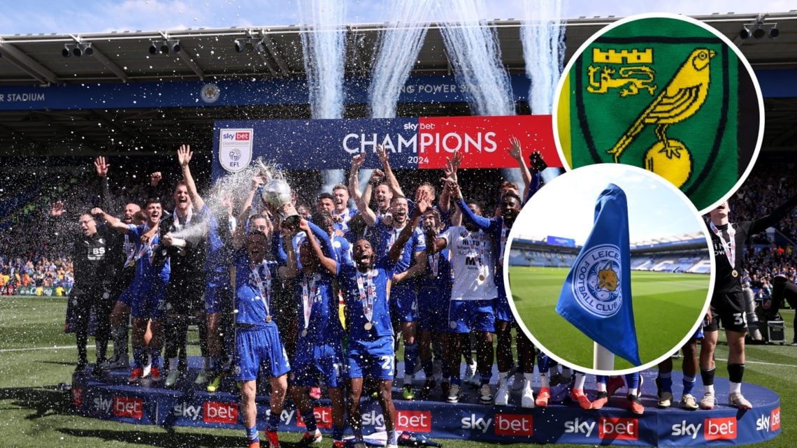 Leicester City lift the SkyBet Championship in front of their fans, an inset of a detailed view of the Norwich City badge, an inset of the Leiceste...