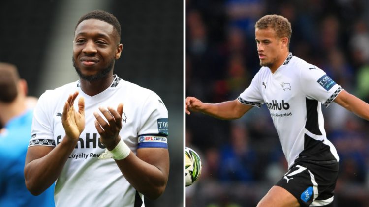 Ebou Adams of Derby County celebrates avoiding relegation after Derby County draw 0-0 with Stoke City (L), Kenzo Goudmijn of Derby County is in act...