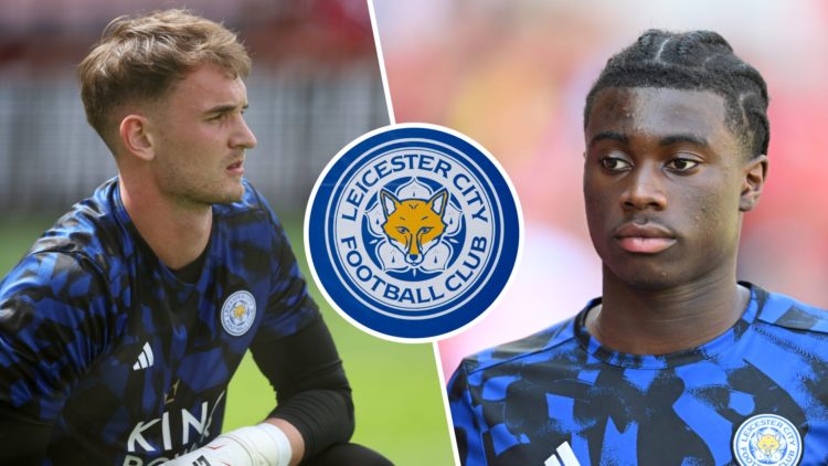Jakub Stolarczyk warms up for Leicester City before a Premier League game, a detailed view of the Leicester City badge, Jeremy Monga arrives for a ...