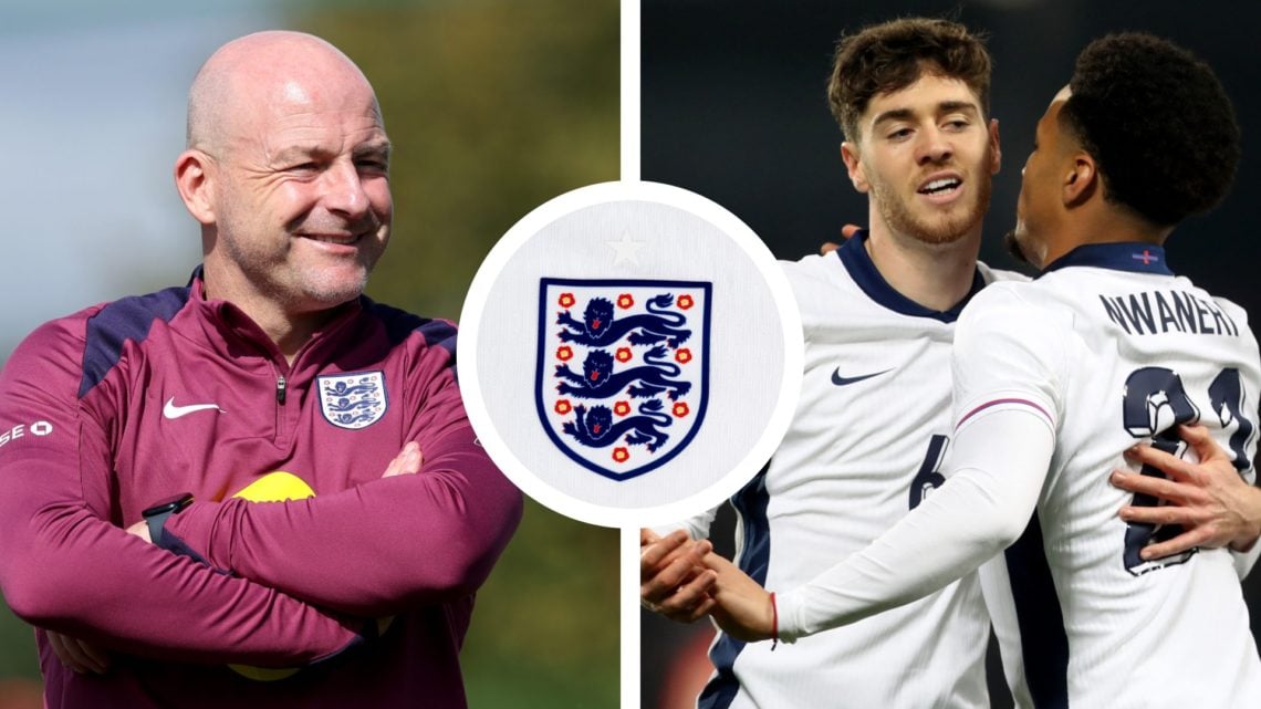 Lee Carsley, interim manager of England, reacts during a training session at Spurs Lodge. A detailed view of the badge of England during the UEFA E...
