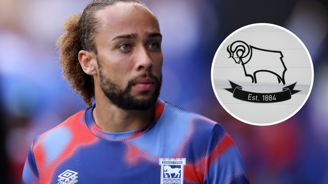 Marcus Harness of Ipswich Town prior to the Pre-Season Friendly match between Ipswich Town and Fortuna Duesseldorf. Inset, Derby County badge