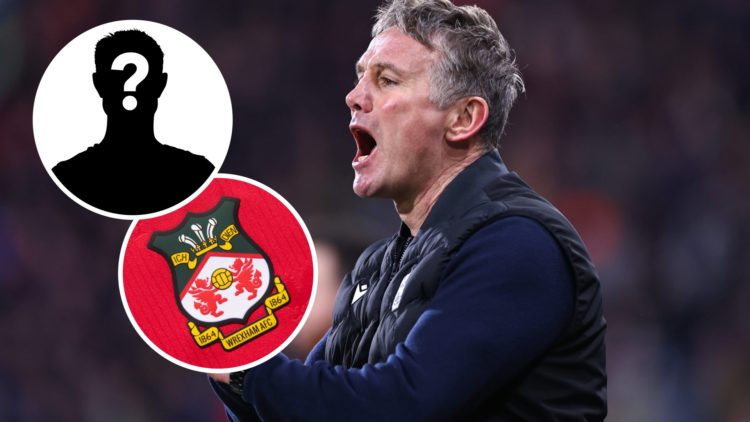 Wrexham manager Phil Parkinson reacts on the touchline during a League One match against Huddersfield Town, and inset, Wrexham FC badge and a myste...