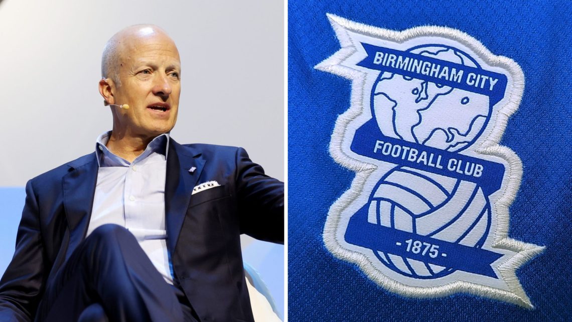 Birmingham City and Knighthead Capital chairman Tom Wagner speaks at a conference. A detailed view of a Birmingham City crest is seen prior to the ...