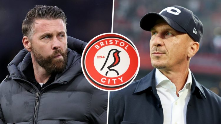 Former Luton Town manager Rob Edwards and former FC Koln head coach Gerhard Struber, and inset, the Bristol City FC badge