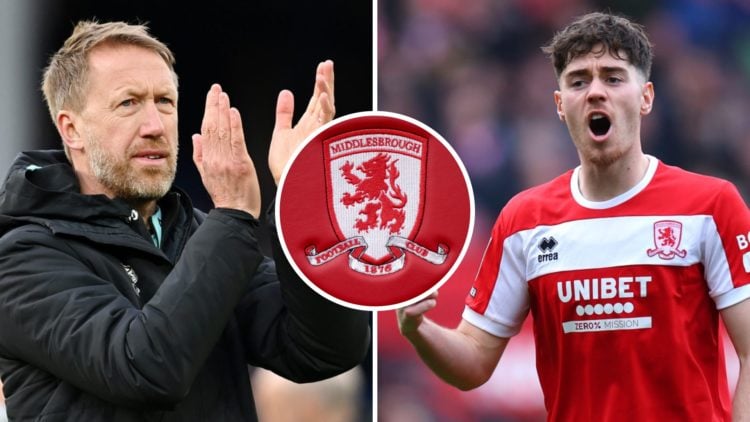 West Ham United manager Graham Potter, Middlesbrough midfielder Hayden Hackney celebrates after scoring in a Championship match and inset, the Midd...