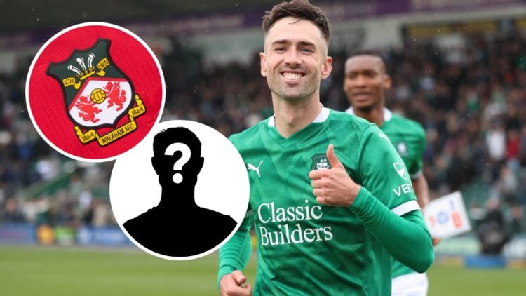 Plymouth Argyle striker Ryan Hardie celebrates scoring in 2024/25 Championship, and inset, Wrexham FC badge and a mystery player