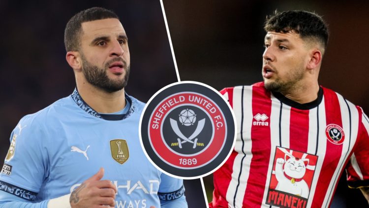 Split image of Man City's Kyle Walker (L) and Sheffield United's Gus Hamer (R). Inset, Sheffield United badge.