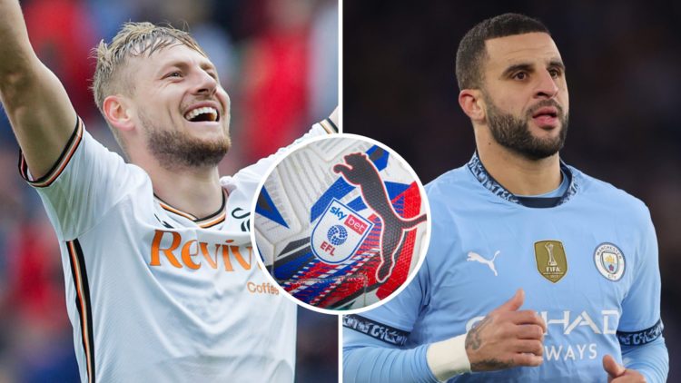 Split image of Harry Darling (L) and Kyle Walker (R) with inset of EFL football.