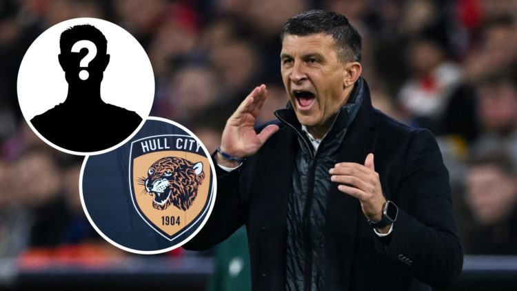 Hull City boss Sergej Jakirovic reacts on the touchline, and inset, the Hull City FC badge and a mystery player