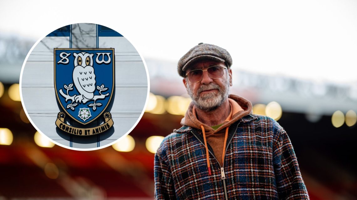 Eric Cantona arrives at Old Trafford for Manchester United vs Manchester City, an inset of the Sheffield Wednesday badge
