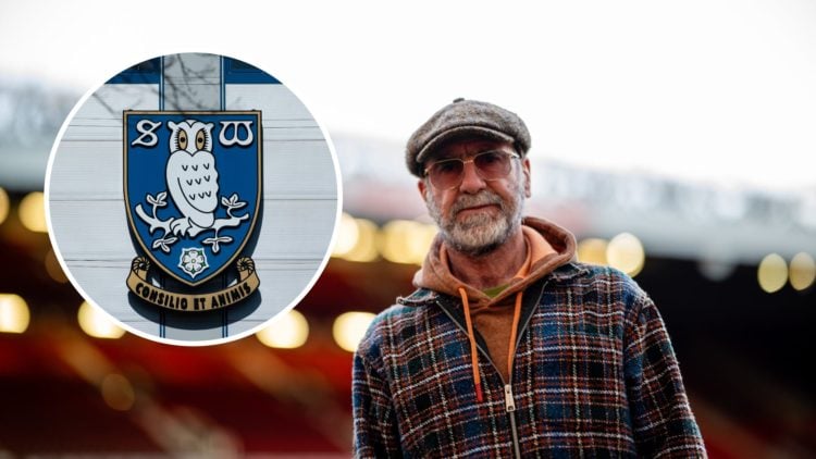 Eric Cantona arrives at Old Trafford for Manchester United vs Manchester City, an inset of the Sheffield Wednesday badge