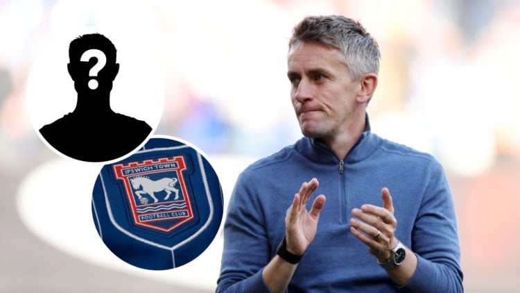 Ipswich manager Kieran McKenna, and inset, Ipswich Town FC badge and a mystery player
