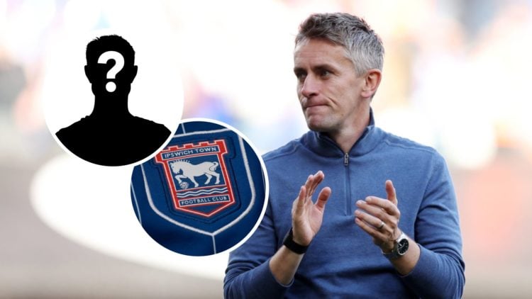 Ipswich manager Kieran McKenna, and inset, Ipswich Town FC badge and a mystery player