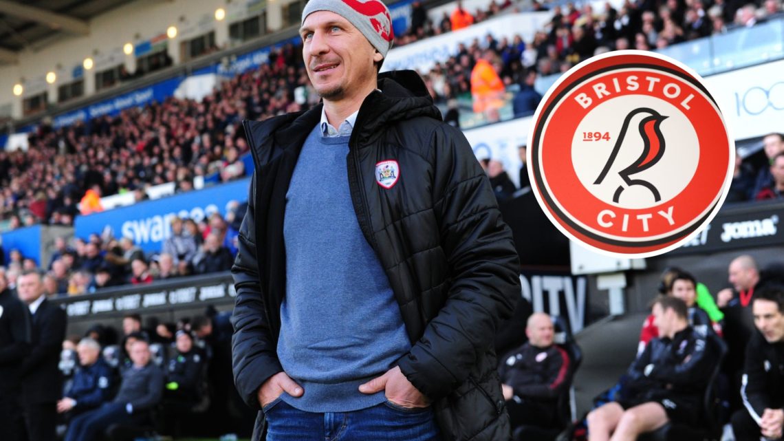 Gerhard Struber takes to the touchline as Barnsley manager during a SkyBet Championship fixture, a detailed view of the Bristol City badge