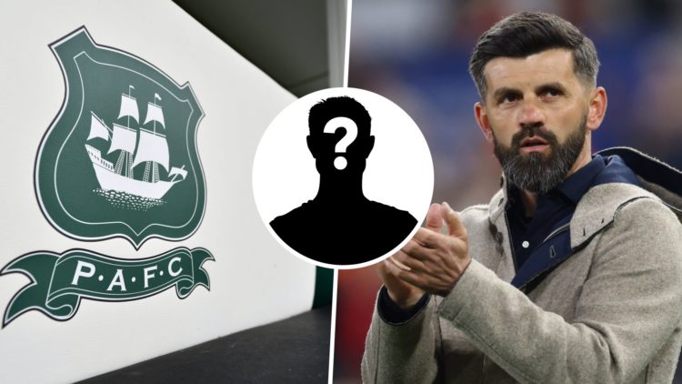 Former Plymouth Argyle FC manager Miron Muslic applauds fans after a Championship game, the Plymouth Argyle FC badge and a mystery player