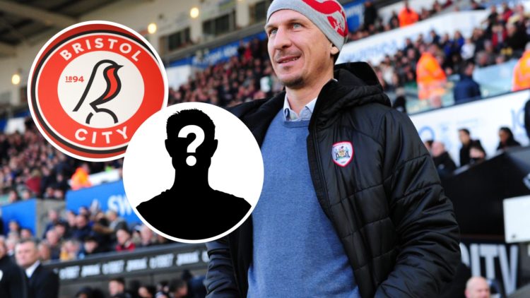 Former Barnsley manager Gerhard Struber on the touchline before a Championship game, and inset, the Bristol City FC badge and a mystery player