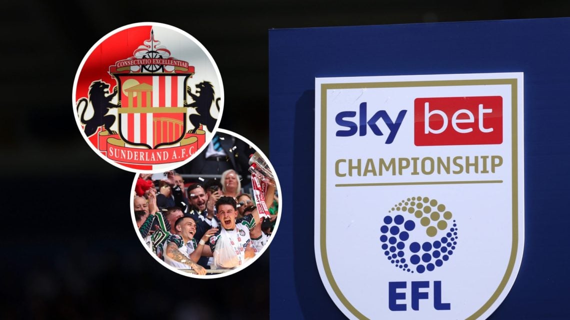 Championship logo, Sunderland badge and Sunderland players celebrating