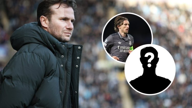 Tom Cleverley, Manager of Watford, looks on prior to the Sky Bet Championship match between Coventry City FC and Watford FC. Inset, Luka Modric of ...