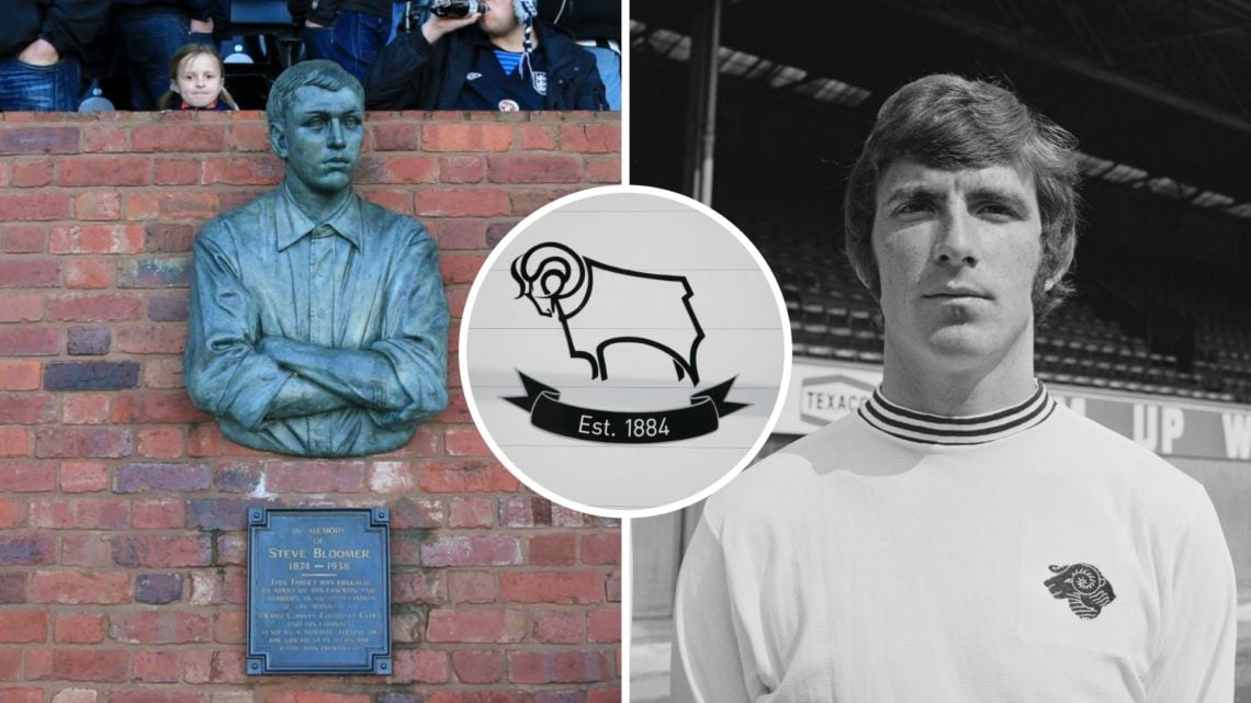 A statue or bust of former Derby player Steve Bloomer, erected in a brick wall next to the dugout (L), Kevin Hector of Derby County in 1971 (R). In...