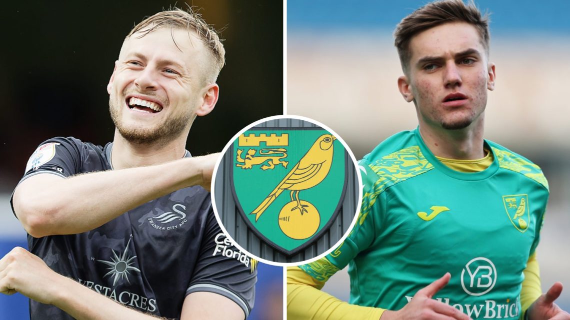 Split image of Harry Darling (L) and Jacob Wright (R) with Norwich City badge inset.