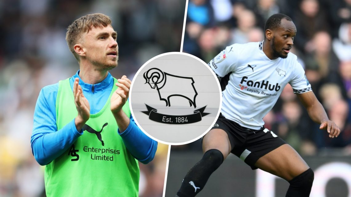 Ben Osborn of Derby County celebrates avoiding relegation after Derby County draw 0-0 with Stoke City (L). Ryan Nyambe of Derby County participates...