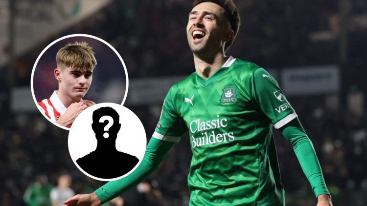 Former Plymouth Argyle striker Ryan Hardie. Inset, Stoke City's Nathan Lowe and mystery player graphic.