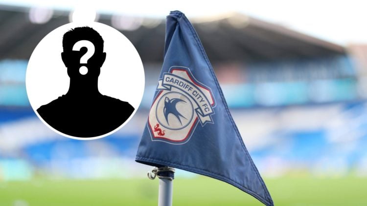 Cardiff City badge on a corner flag at the Cardiff City stadium. Inset, a mystery player