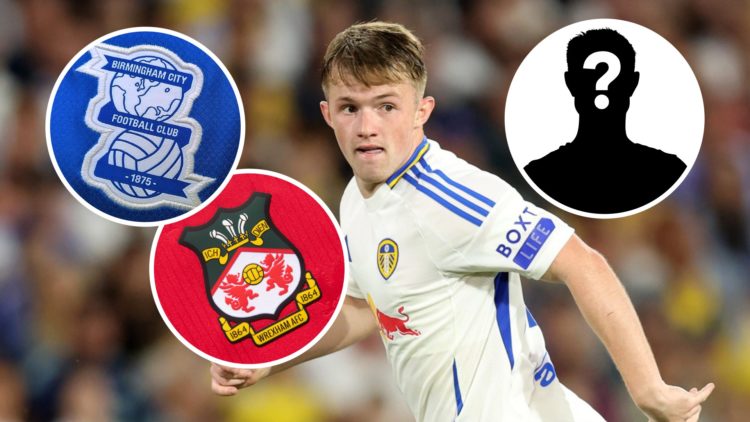 Leeds United forward Joe Gelhardt in action against Middlesbrough in the Carabao Cup. Inset, Birmingham City FC and Wrexham FC badges and a mystery...