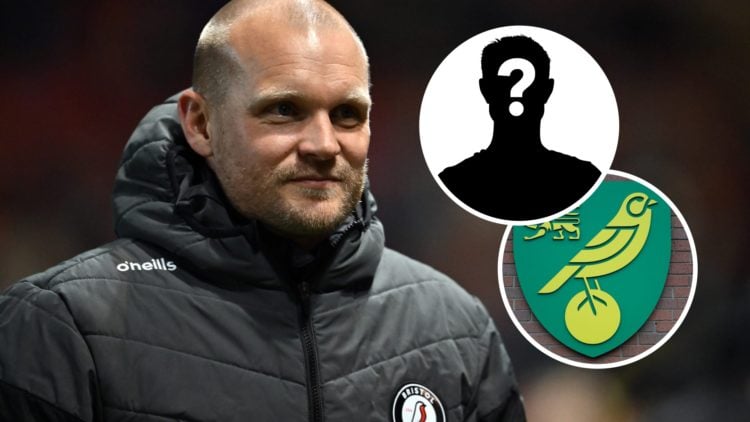 Norwich manager Liam Manning. Inset, Norwich City FC badge and a mystery player