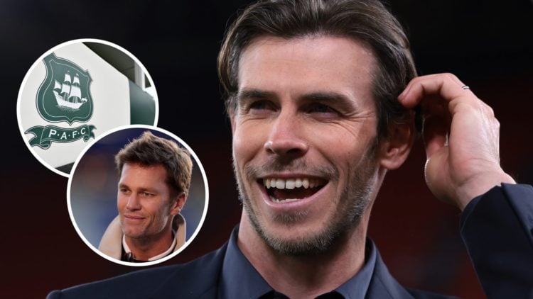 Former Real Madrid player Gareth Bale on punditry duty. Inset, Birmingham City FC minority owner Tom Brady and Plymouth Argyle FC badge
