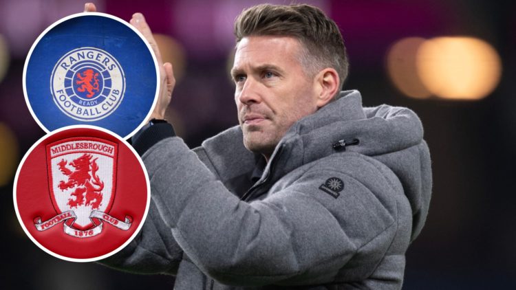 Rob Edwards applauds the Luton Town fans after a Premier League game, an inset of a detailed view of the Rangers badge, an inset of the Middlesbrou...