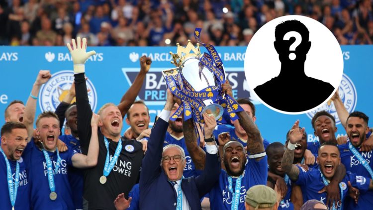 Leicester City lift the Premier League title in 2016 at the King Power Stadium, an inset of a mystery figure
