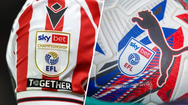 Sky Bet Championship logo on a Stoke City shirt (L), EFL logo on a Puma football (R)