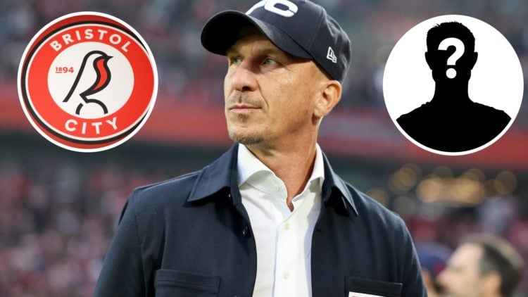 Gerhard Struber watches on as Koln manager, inset of the Bristol City badge, an inset of a mystery figure