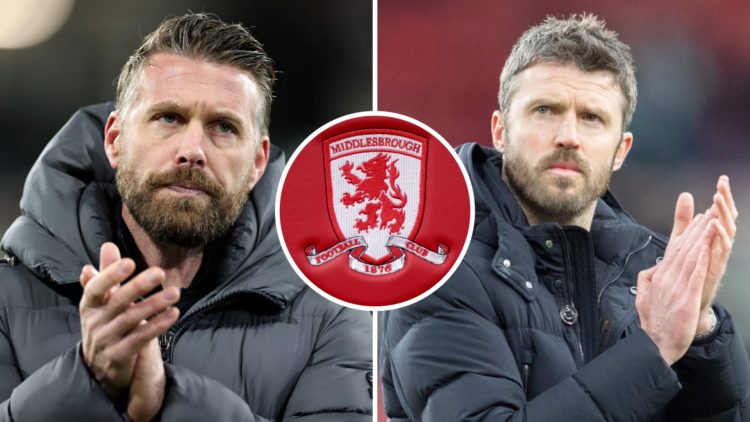 New Middlesbrough manager Rob Edwards applauds Luton Town fans, former Middlesbrough manager Michael Carrick. Inset, Middlesbrough FC badge
