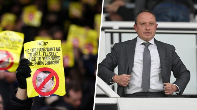 Sheffield Wednesday supporters protest against team owner Dejphon Chansiri prior to the Sky Bet Championship match between Leeds United FC and Shef...
