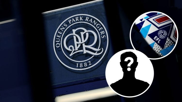 QPR's badge on an exterior wall at Loftus Road. Inset, EFL logo on a football. Inset, Mystery Player