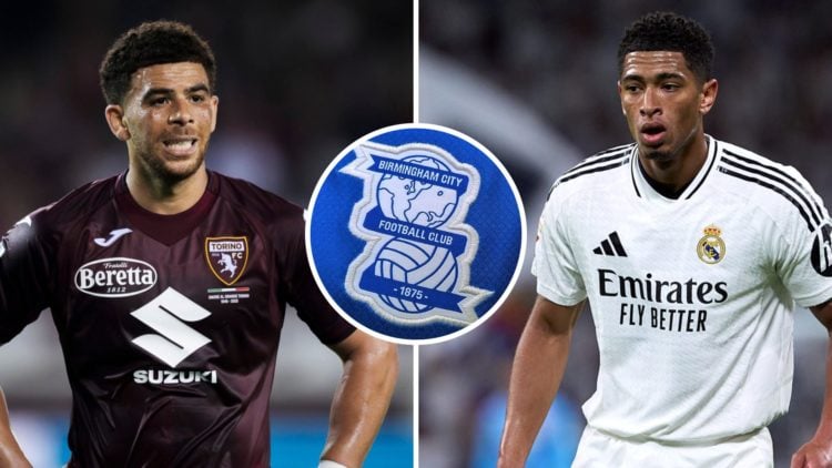 Real Madrid midfielder Jude Bellingham in action, Torino striker Che Adams reacts in the Seria A. Inset, the Birmingham City FC badge