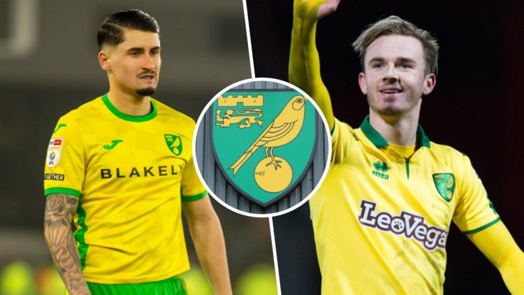 Split image of Borja Sainz (L) and James Maddison (R) with Norwich City badge inset.