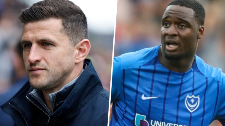 Split image of Portsmouth manager John Mousinho (L) and striker Christian Saydee (R)