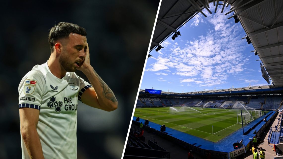 Sam Greenwood checks his face during Preston North End's Championship game, a generic view of the King Power Stadium