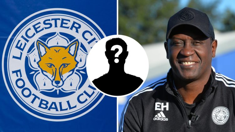 Emile Heskey poses after being named Head Of Women's Football Development at Leicester City, Leicester City FC badge and a mystery player