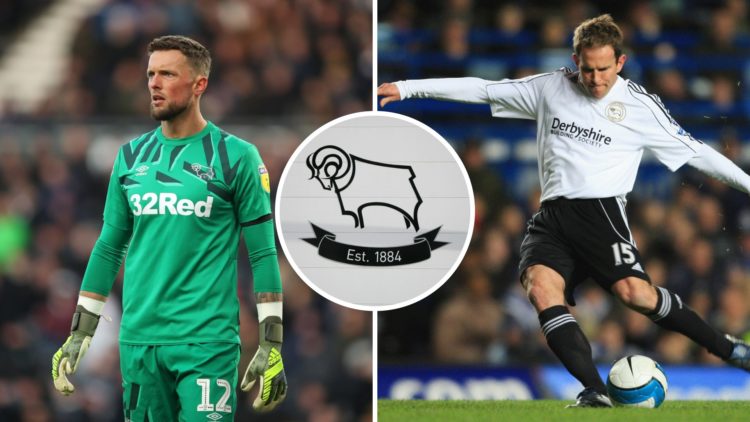 Ben Hamer of Derby County during the Sky Bet Championship match between Derby County and Millwall (L). Eddie Lewis of Derby County shoots during th...